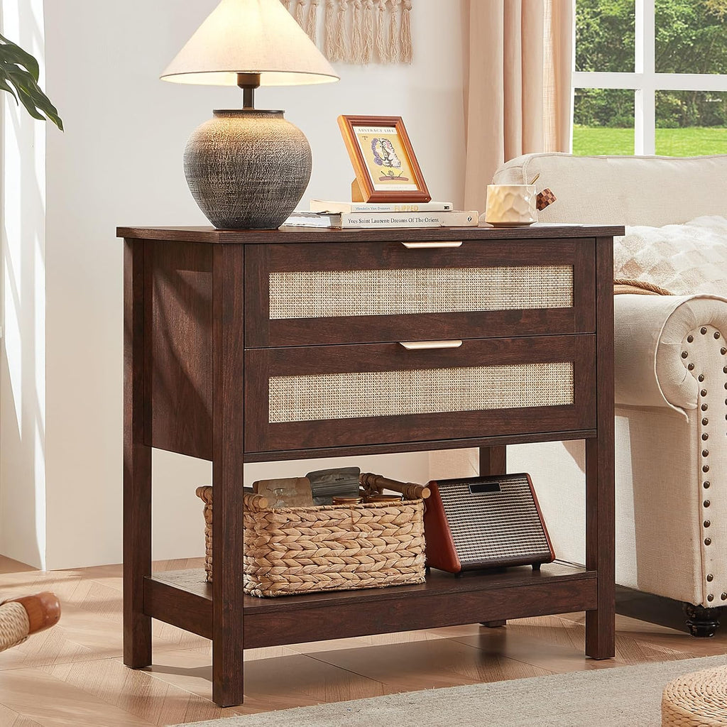 LEYAOYAO 31.5' Wide Rattan Night Stand, Large Boho Nightstand, Bedside Table with Storage, Tall Bed Side End Tables, Chest of Drawers for Bedroom, Living Room, Hallway（Walnut,2 Drawers,2）