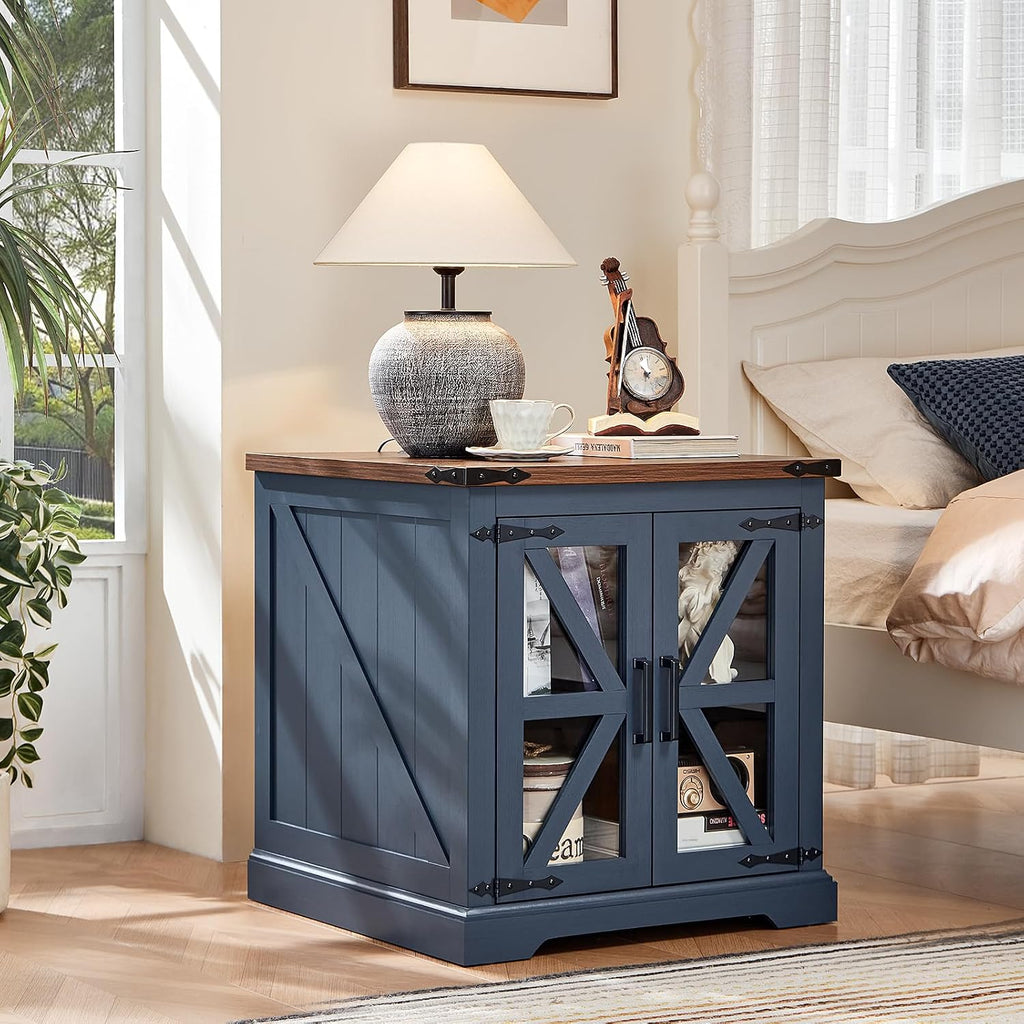 Joaxswe End Tables Living Room Set 3 with Charger Station, Farmhouse 18'' Narrow Night Stand and 24' Square Side Table with Glass Barn Door Storage, Wood Nightstand Bedside Tables for Bedroom Office