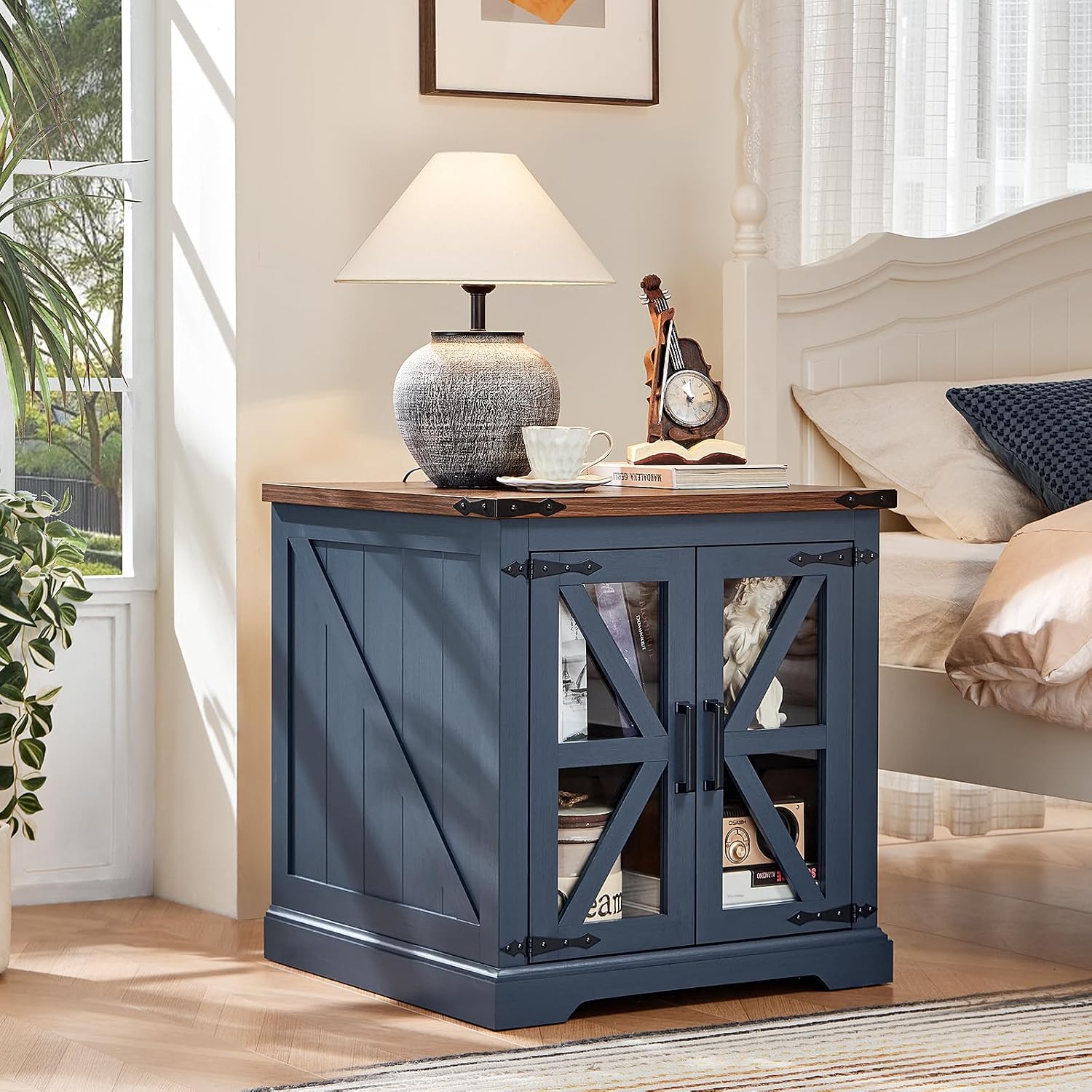 Joaxswe End Tables Living Room Set 3 with Charger Station, Farmhouse 18'' Narrow Night Stand and 24' Square Side Table with Glass Barn Door Storage, Wood Nightstand Bedside Tables for Bedroom Office