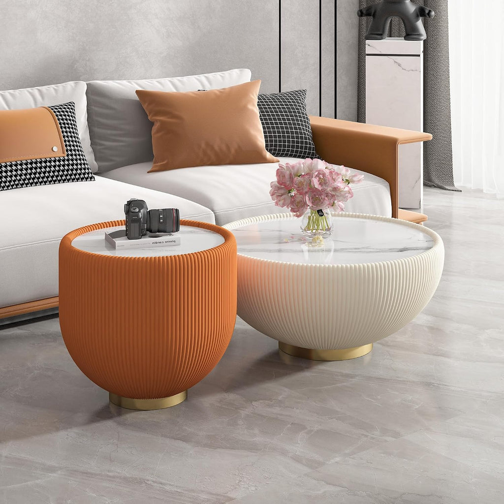 Modern Round End Table Luxury Sintered Stone Top Coffee Table in Orange Leatherette Creative Bowl-Shape Small Coffee Side End Table for Living Room Bedroom,Fully Assembled