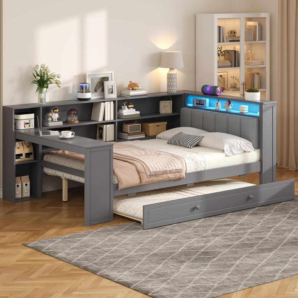 Bellemave Full Corner Bed with Bookcase Storage and LED Lights, Wooden Platform Bed Frame with Desk and Twin Trundle, Full Daybed with Upholstered Headboard and Charging Station, Grey