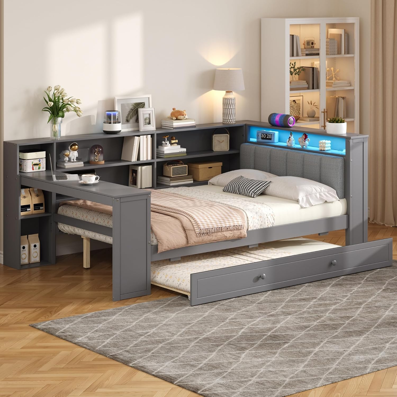Bellemave Full Corner Bed with Bookcase Storage and LED Lights, Wooden Platform Bed Frame with Desk and Twin Trundle, Full Daybed with Upholstered Headboard and Charging Station, Grey