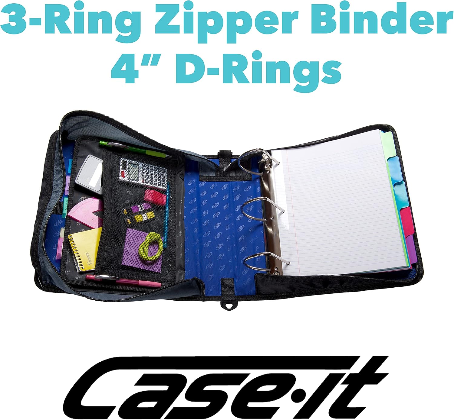 Case-it King Sized Zip Tab School Zipper Binder | 4-Inch D-Rings, 800 Sheet Capacity, 5-Subject Expanding File Folder, Multiple Pockets & Storage Organizer, Shoulder Strap | D-186 Blue | 4 Pack