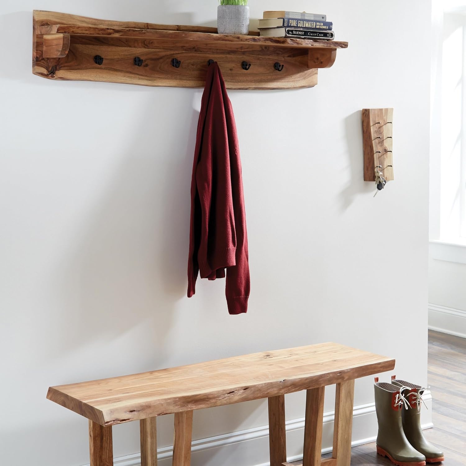 Alaterre Furniture Alpine Natural Live Edge Wood Coat Rack – 48' Solid Wood Wall-Mounted Coat Hook with Top Shelf & 6 Hooks – Modern Farmhouse Storage Organization for Entryway, Hallway, or Mudroom