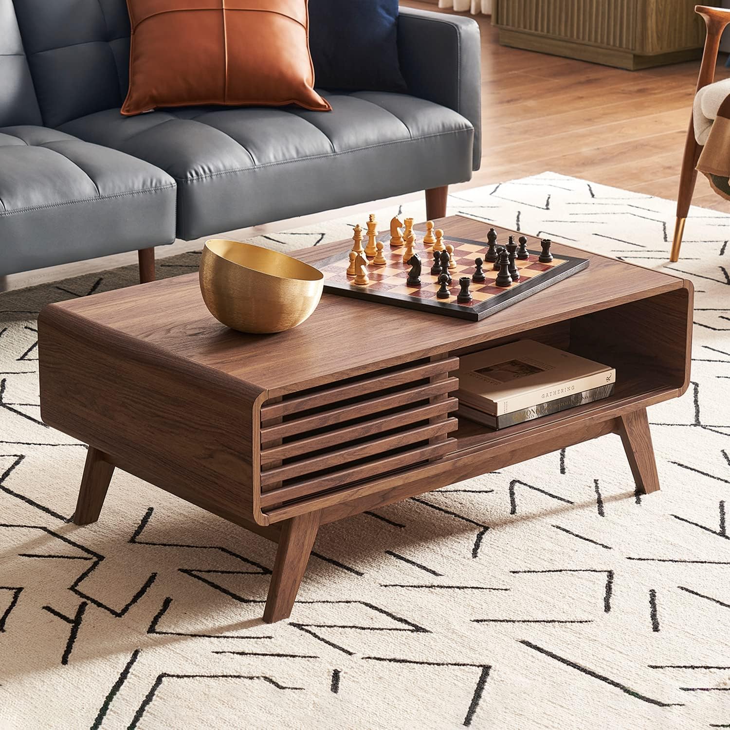 mopio Ensley Dual-Side Storage Coffee Table – Mid Century Modern Fluted Wood Table with 4 Compartments for Living Room Organization, Curved Safety Edges, Tapered Legs (Walnut, 39.2' W x 23.2' D)
