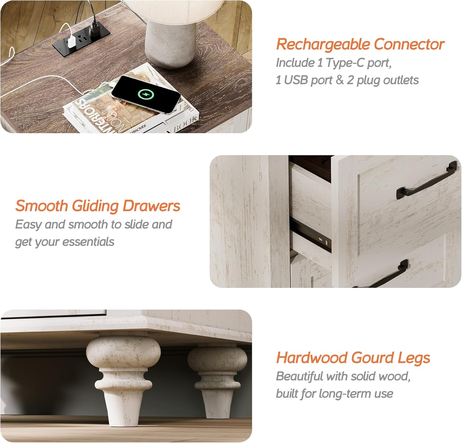 WAMPAT Night Stands for Bedrooms Set of 2 End Tables with Charging Station, 2 Drawer Nightstand Wood Bedside Table, Farmhouse Side Table for Living Room & Study, Antique White