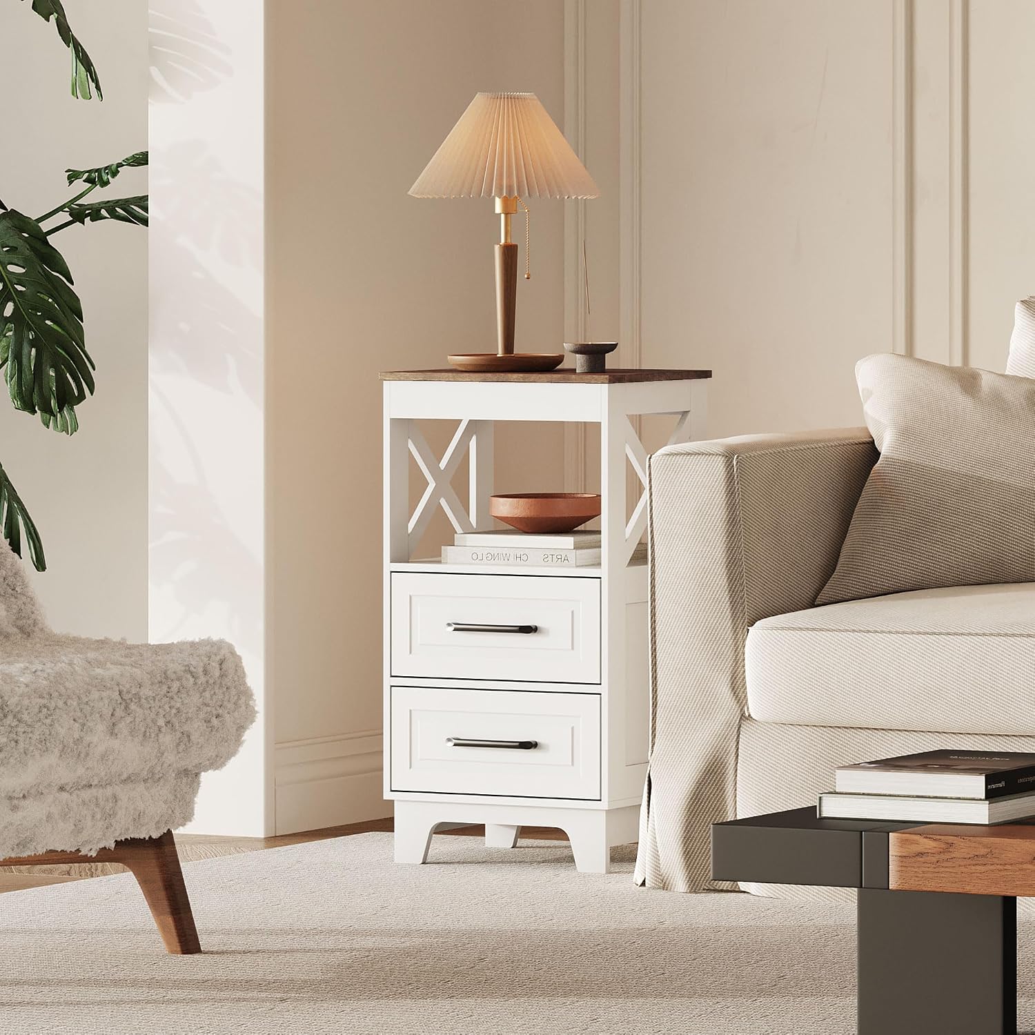 Tall Nightstand Set of 2 Side Table with 2 Drawers Modern Night Stand Wooden Rustic End Table Bedside Table with Below Open Shelf Solid Feet for Bedroom White+Walnut