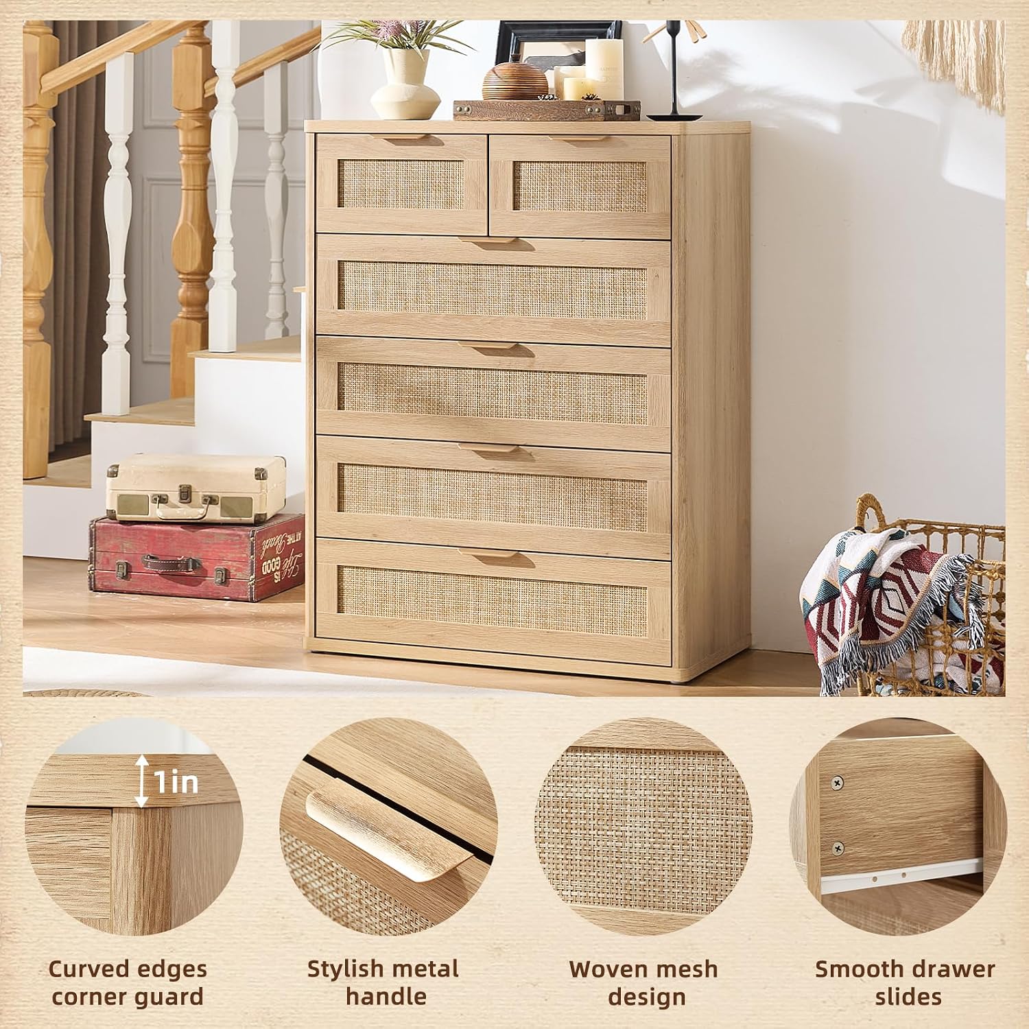 LEYAOYAO Rattan Dresser for Bedroom Set of 2, 41' Tall Chest of Drawers, Modern 6 Drawers Boho Dressers with Storage, Light Oak Dresser Wooden Closet Organizer for Living Room, Hallway, Natural Wood