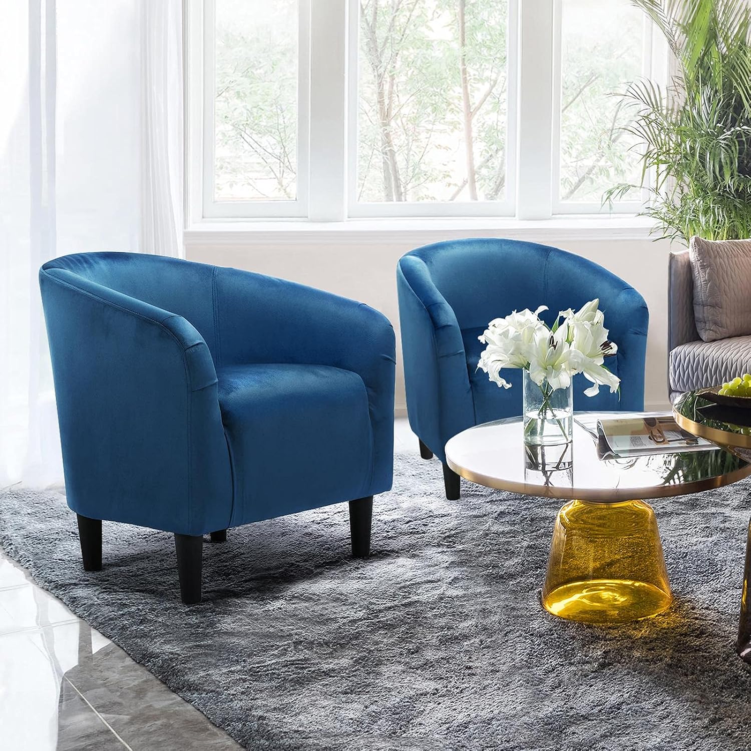 Yaheetech Barrel Chairs, Velvet Accent Chairs with Soft Padded Armrest for Living Room Bedroom Waiting Room Office, Set of 2, Pagoda Blue