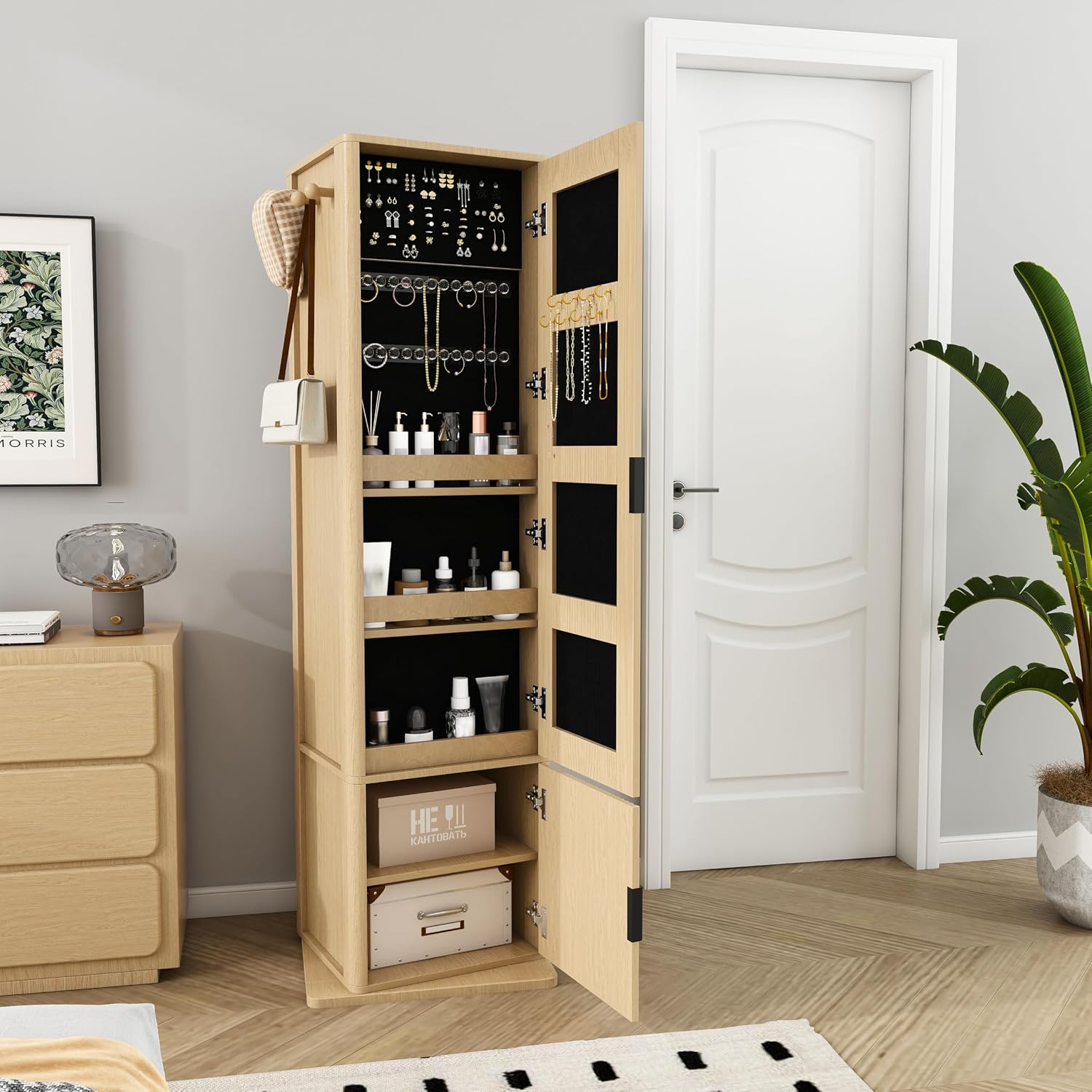 360° Rotating Makeup Cabinet Walnut, Jewelry Cabinet with Full-Length Mirror, Standing Storage Cabinet with Coat Rack, 4 Open & 2 Built-in Shelves for Bedroom Bathroom