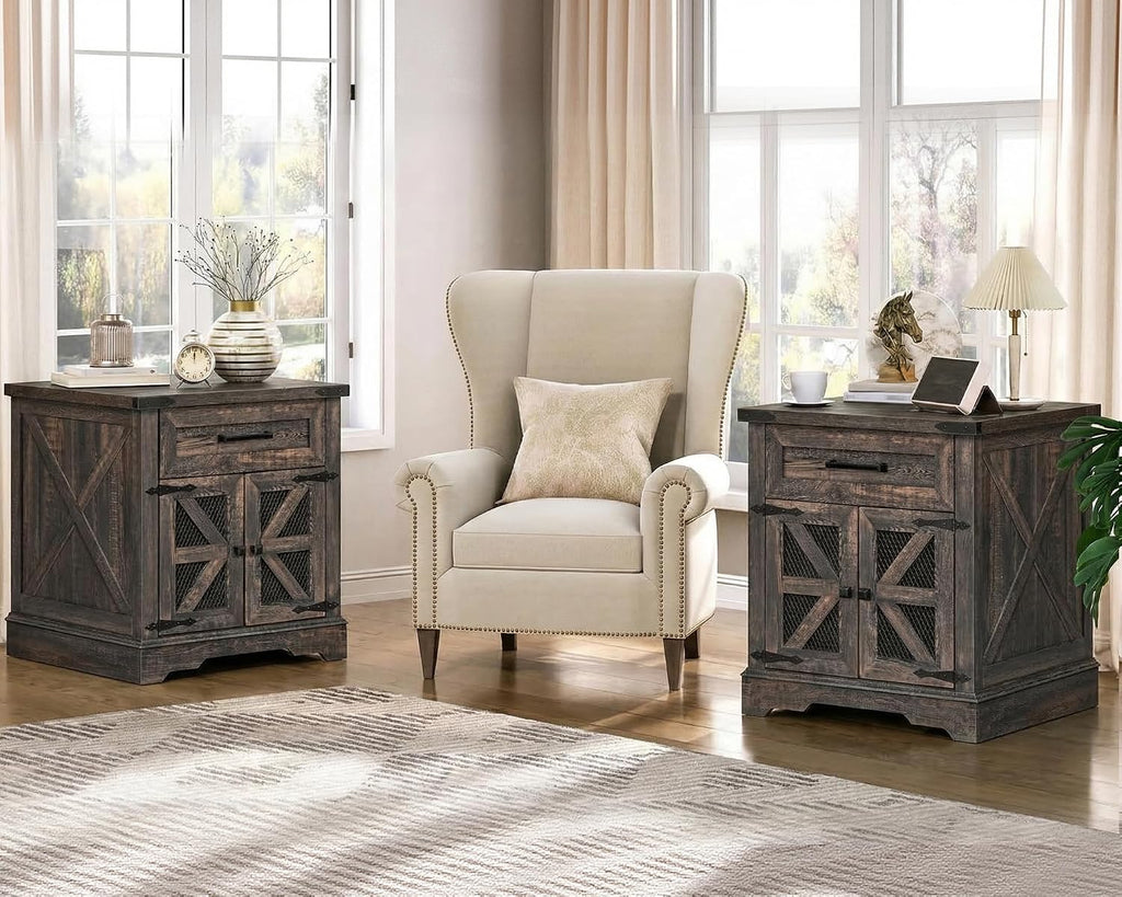 RALGEND Farmhouse End Table Set of 2, 24' Large Sofa Side Table with Drawer, Large End Table for Living Room, Wooden Nightstand with Charging Station, Square, Dark Rustic Oak