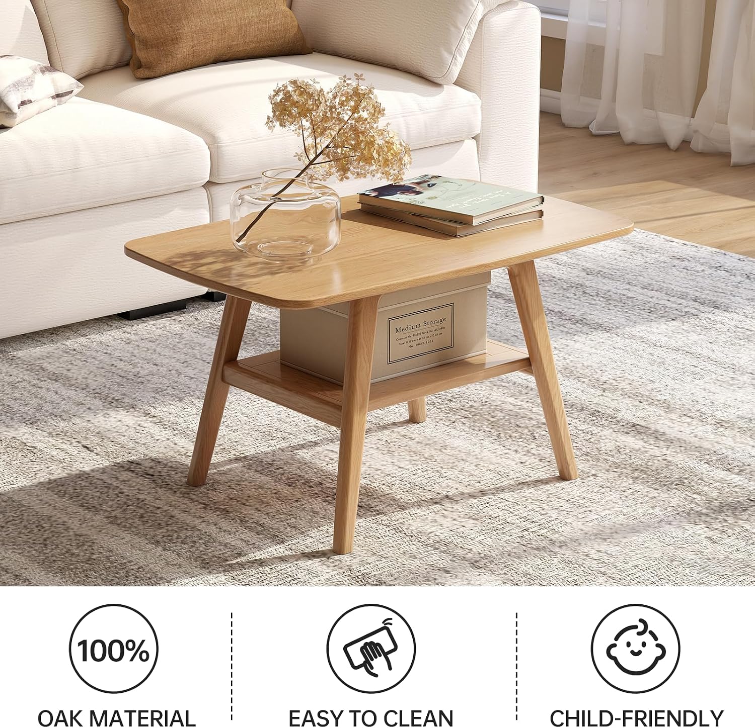 100% Solid Oak Wood Coffee Table for Living Room, Small Table with Shelf Storage, Mid Century Modern Coffee Tables with Rounded Corners for Home (Natural, 31.49' x 19.68' x 17.32')