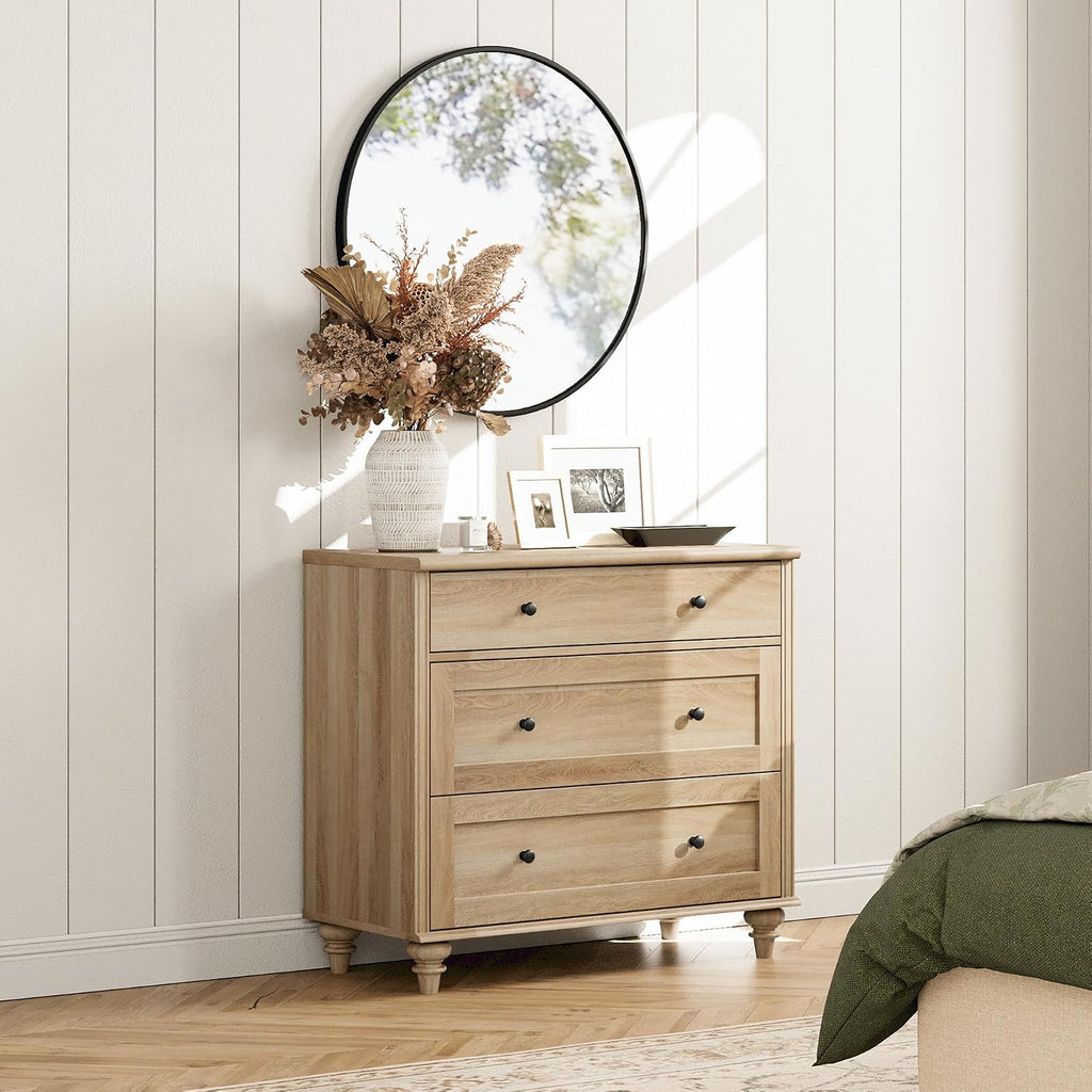 WAMPAT Farmhouse Nightstand with 3 Drawers, Large Wood Bedside Table Night Stand, Wide Sofa Side End Table 3 Drawers for Living Room, Bedroom, Oak, 34 inch