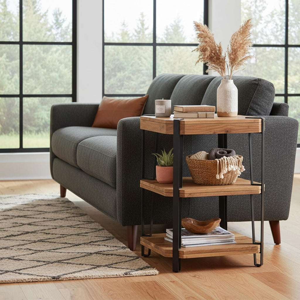 Ryegate 3-Tier End Table with Storage – Live Edge Solid Acacia Wood Side Table with Industrial Metal Frame and 2 Open Lower Shelves for Living Room, Bedroom, Entryway by Alaterre Furniture