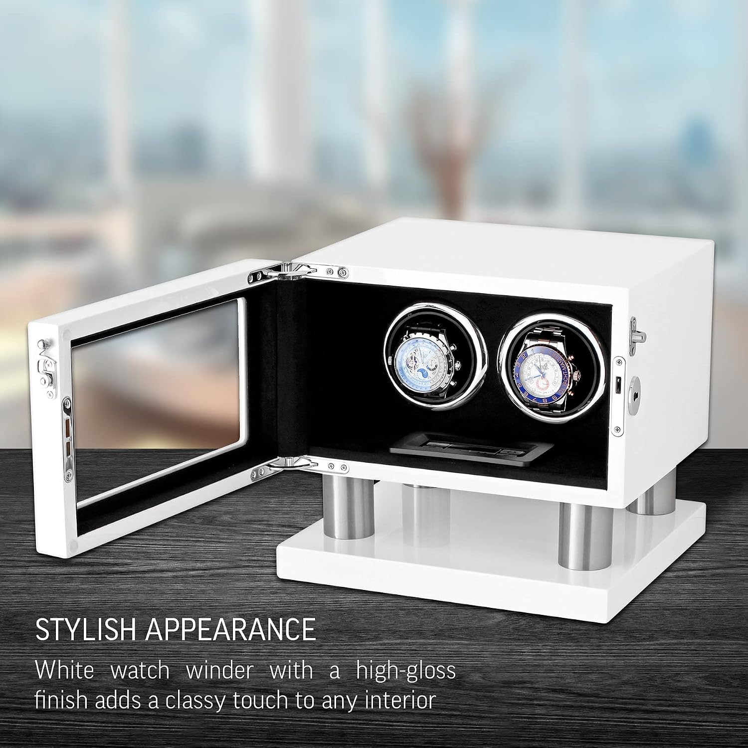 Watch Winder for 2 Watches with LED Backlight, LCD Display and Motor-Stop Option