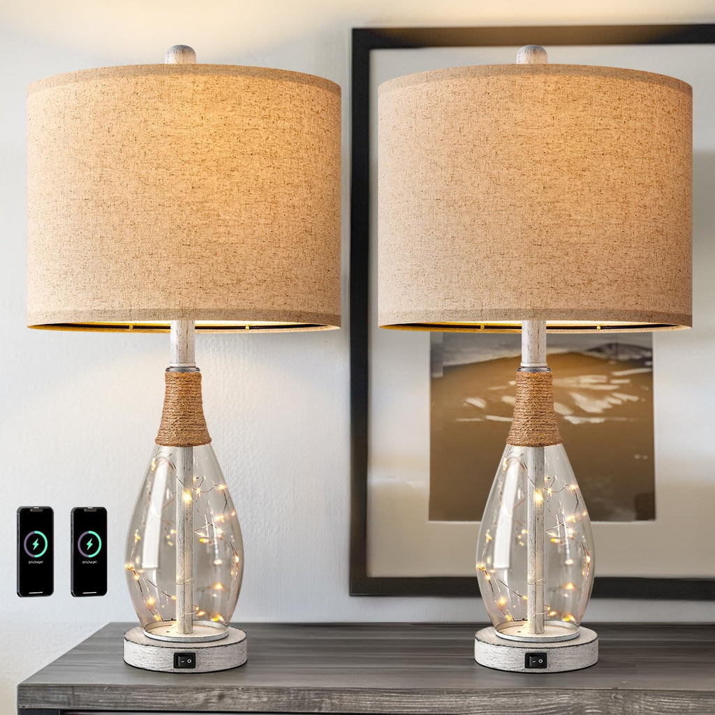 OYEARS 23' Table Lamps for Living Room Set of 2 Bedside Lamps for Night Stands Bedroom Lamps Farmhouse Rattan Boho Lamp Glass Nightlight End Table Lamp with USB C+A (White),Two Light Points