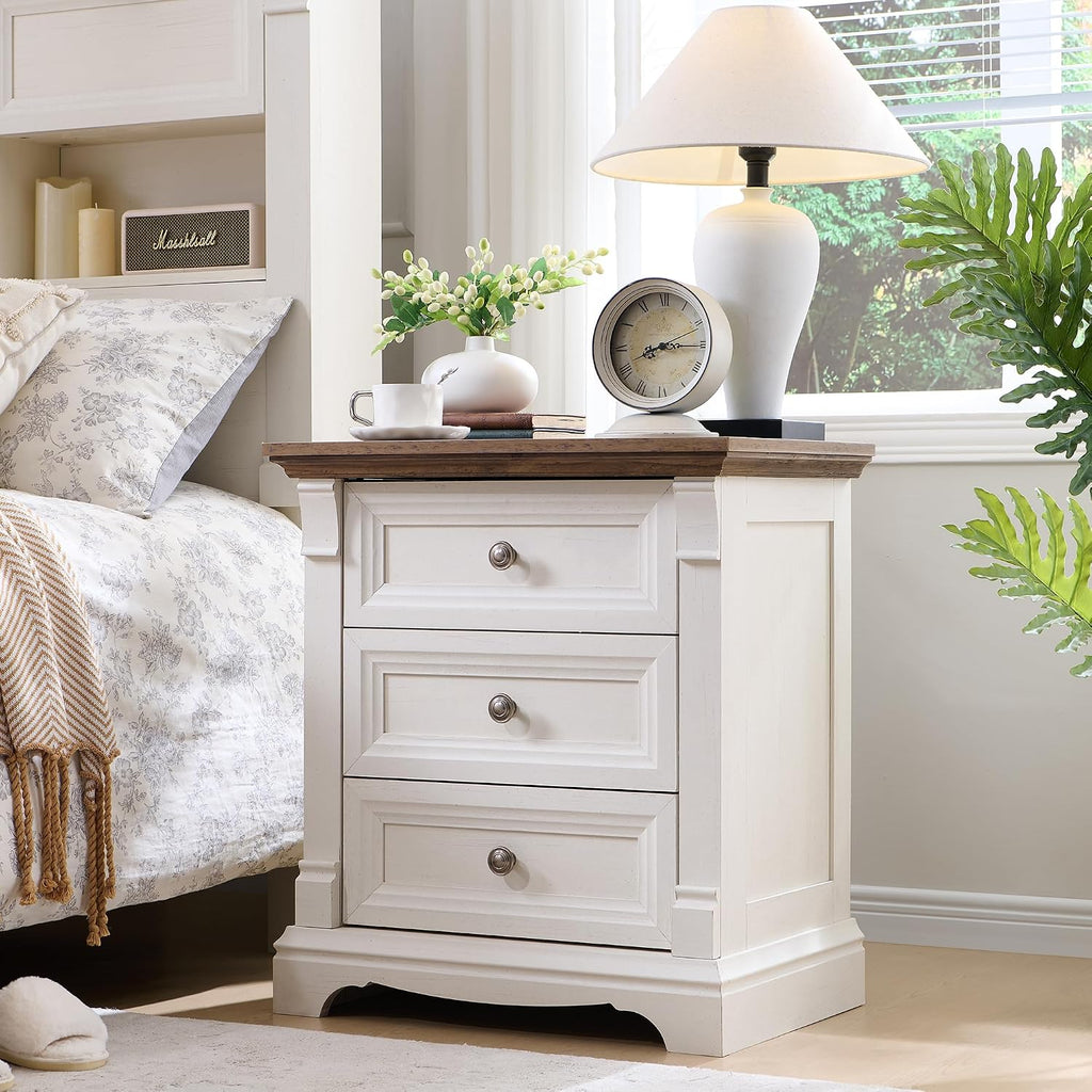 T4TREAM Farmhouse 26' Tall Nightstand with Charging Station, 23.6' End Table with 3 Drawers Storage, Wood Side Table w/Roman Column, Bedside Cabinet for Bedroom, Living Room, Antique White
