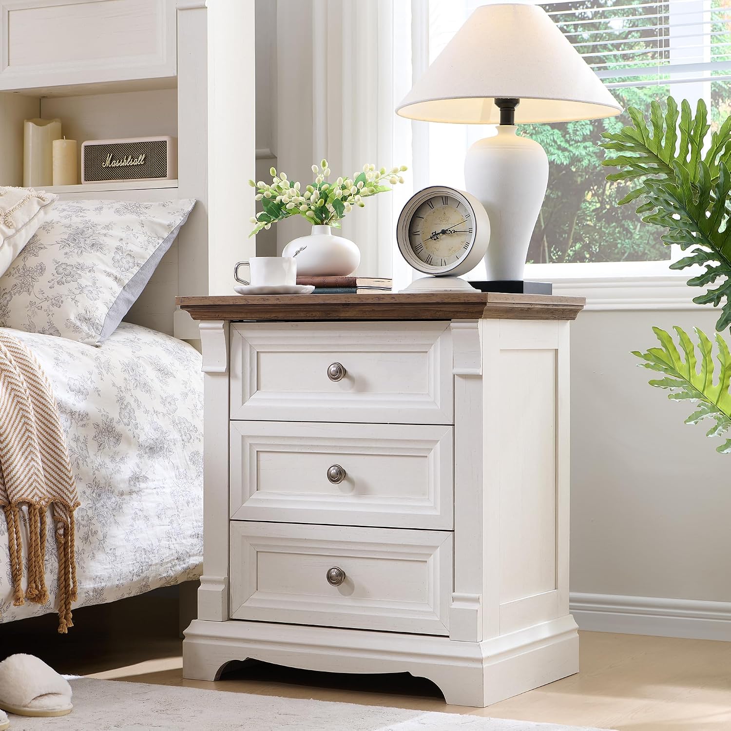 T4TREAM Farmhouse Nightstand Set of 2, 23.6' End Table with 3 Drawers Storage, Wood Side Table w/Roman Column, End Tables Living Room Set of 2, Bedside Cabinet for Bedroom, Living Room, Antique White