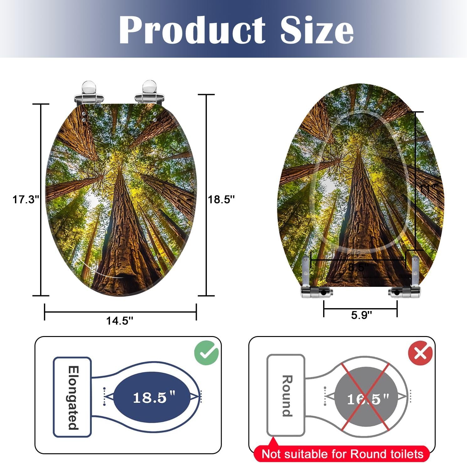 Elongated Toilet Seat Secuoia Forest Resin Toilet Seat Slow Quiet Close with Quick-Release Hinges Toilet Seat with Cover Easy to Clean Install