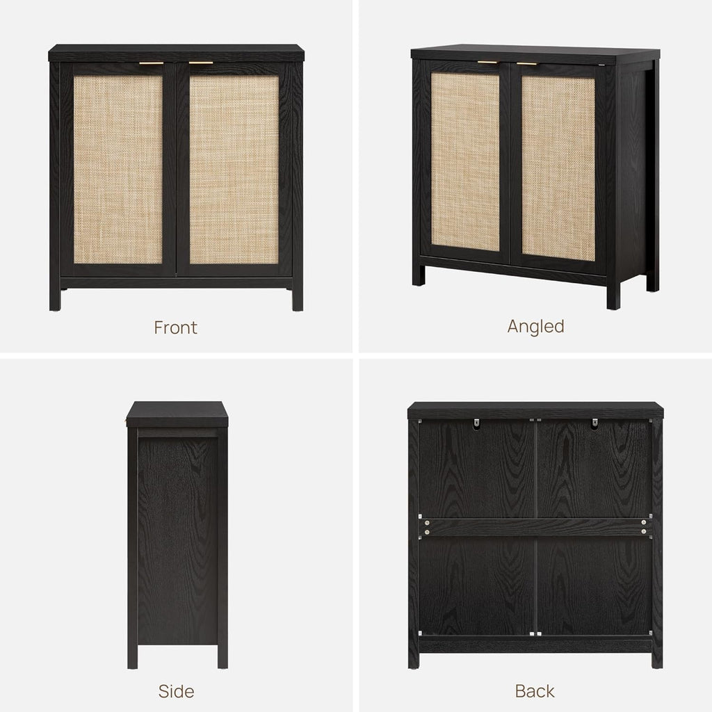 SICOTAS Sideboard Buffet Storage Cabinet - Boho Rattan Credenza Coffee Bar Cabinet with Large Storage, Farmhouse Console Buffet Table for Kitchen Living Room Entryway - 2 Black Pieces