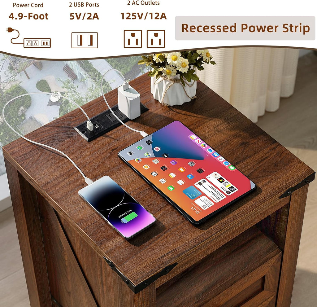 Joaxswe Nightstands Set of 2 with Charging Station, Farmhouse Side End Table with 2 Drawers and Open Shelf, Wood Rustic Sofa Table, Bedside Cabinet for Bedroom, Living Room, Closet, Office(Brown)