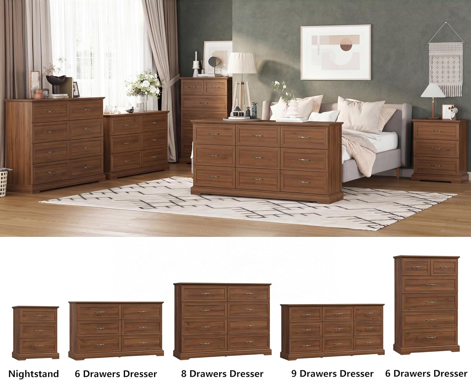 Nightstand Set of 2,24' Wide End Table with 3 Large Drawers & Metal Handles,Rustic Farmhouse Wood Small Dresser,Bedside Table,Modern Chest of Drawers for Bedroom,Living Room,Walnut