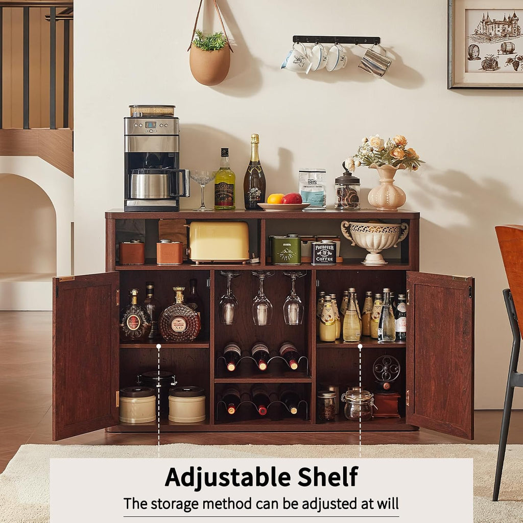 Lerliuo Rattan Wine Cabinet with 2 Doors, Boho Liquor Cabinet with Wine Racks, Farmhouse Coffee Bar Station for Living Room, Dining Room, Kitchen, Walnut