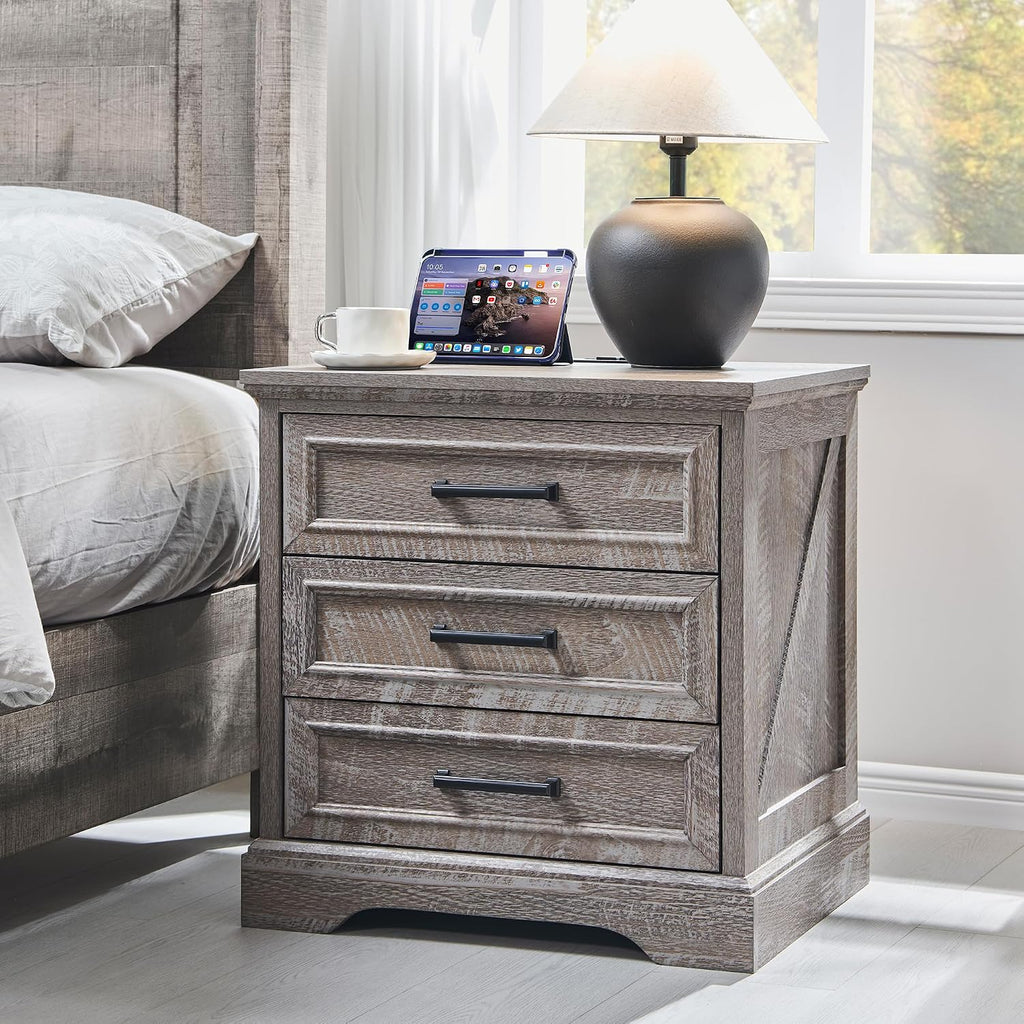 ACCOHOHO Farmhouse Nightstands Set of 2, 22 Inch Wide End Table with Charging Station & 3 Large Drawers, Rustic Wood Small Dresser Chest of Drawers for Bedroom, Living Room, Grey