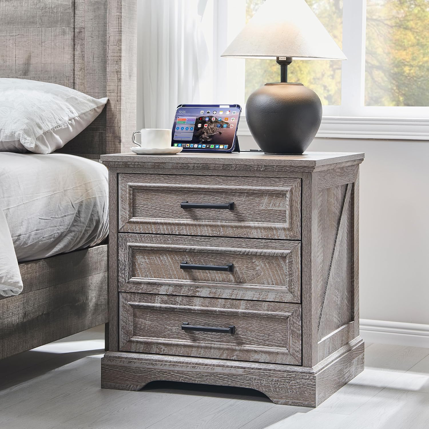 ACCOHOHO Farmhouse Nightstands Set of 2, 22 Inch Wide End Table with Charging Station & 3 Large Drawers, Rustic Wood Small Dresser Chest of Drawers for Bedroom, Living Room, Grey