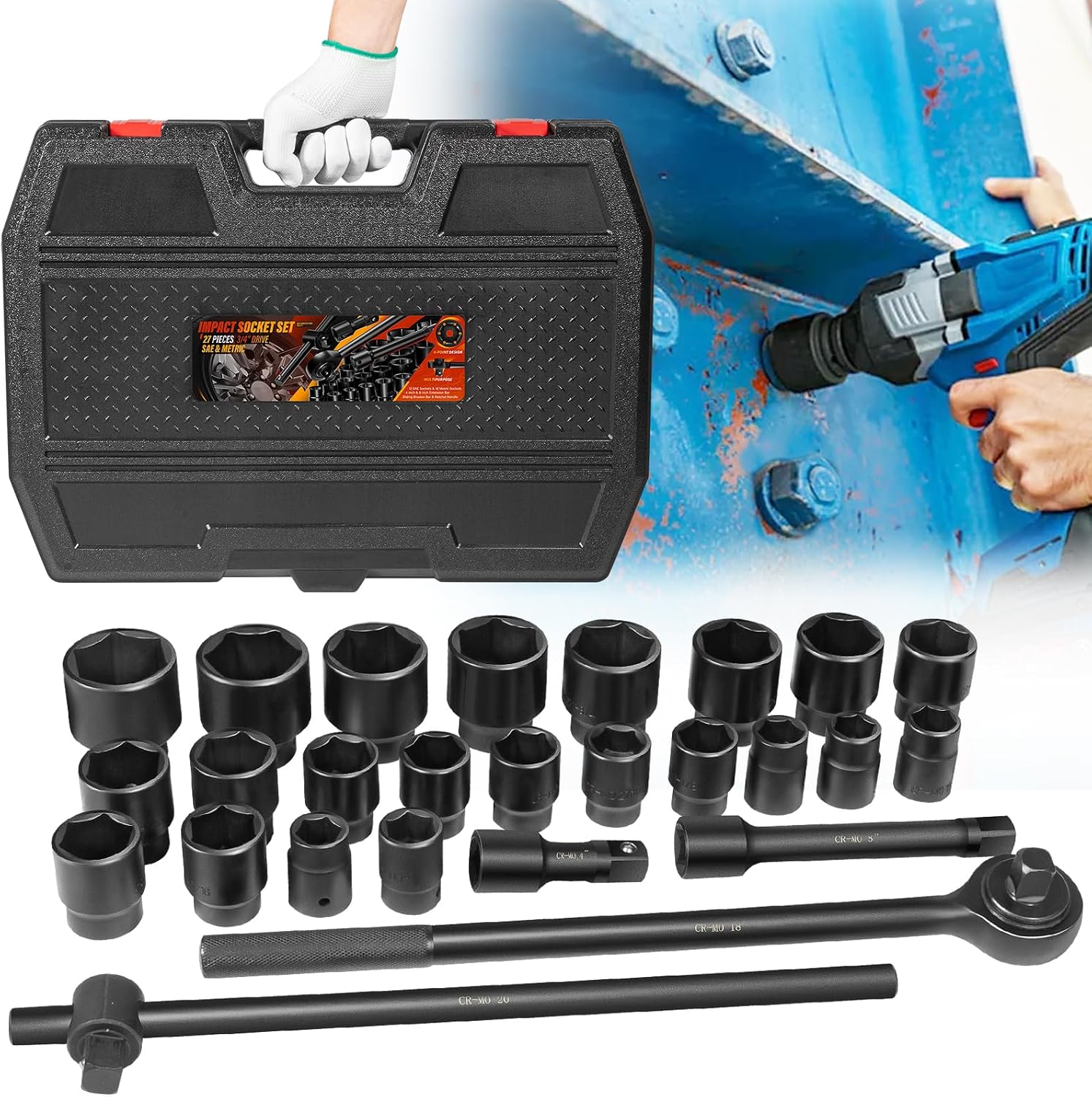 3/4-Inch Drive Jumbo Master Impact Socket Set, SAE and Metric Shallow-Socket Tool Set, SAE 7/8' to 2' and Metric 22 to 50 mm Sockets with Extension Bars and Ratchet Handle, 27 pieces