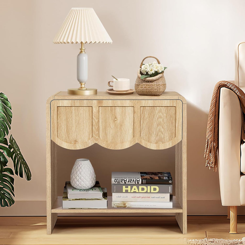 Small Night Stand Set of 2, Mid Century Modern Farmhouse Wood Nightstand with Wave Panel Drawer, Bed Side End Table for Small Space, Living Room - Natural