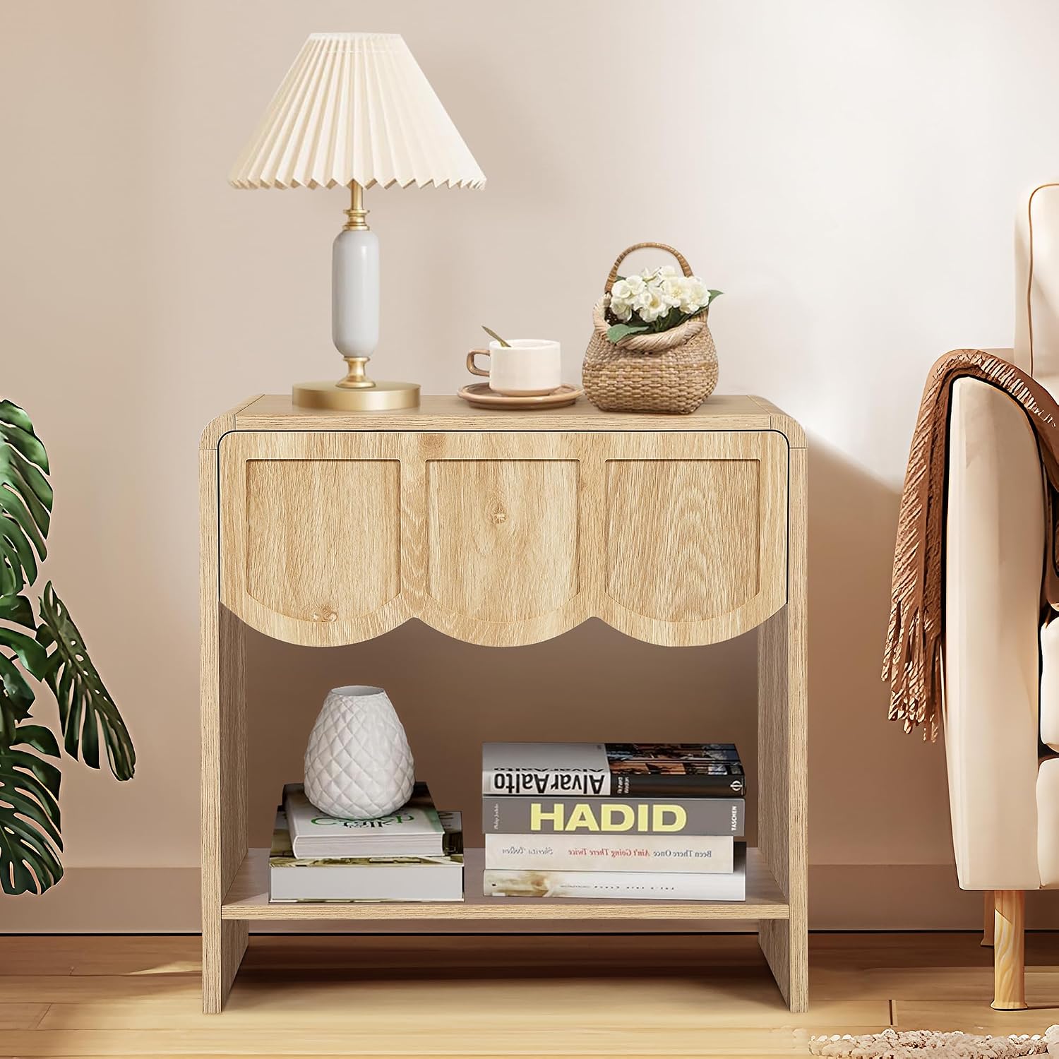 Small Night Stand Set of 2, Mid Century Modern Farmhouse Wood Nightstand with Wave Panel Drawer, Bed Side End Table for Small Space, Living Room - Natural