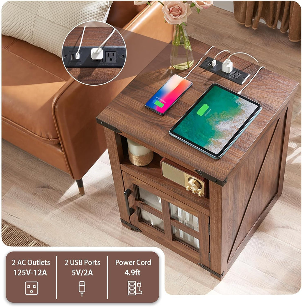 Barnyatoh Farmhouse Nightstand with Charging Station, Rustic End Table with Tempered Glass Barn Door, Wood Sofa Side Bedside Table with Open Storage Shelf for Living Room, Bedroom, Brown, 2 Pack