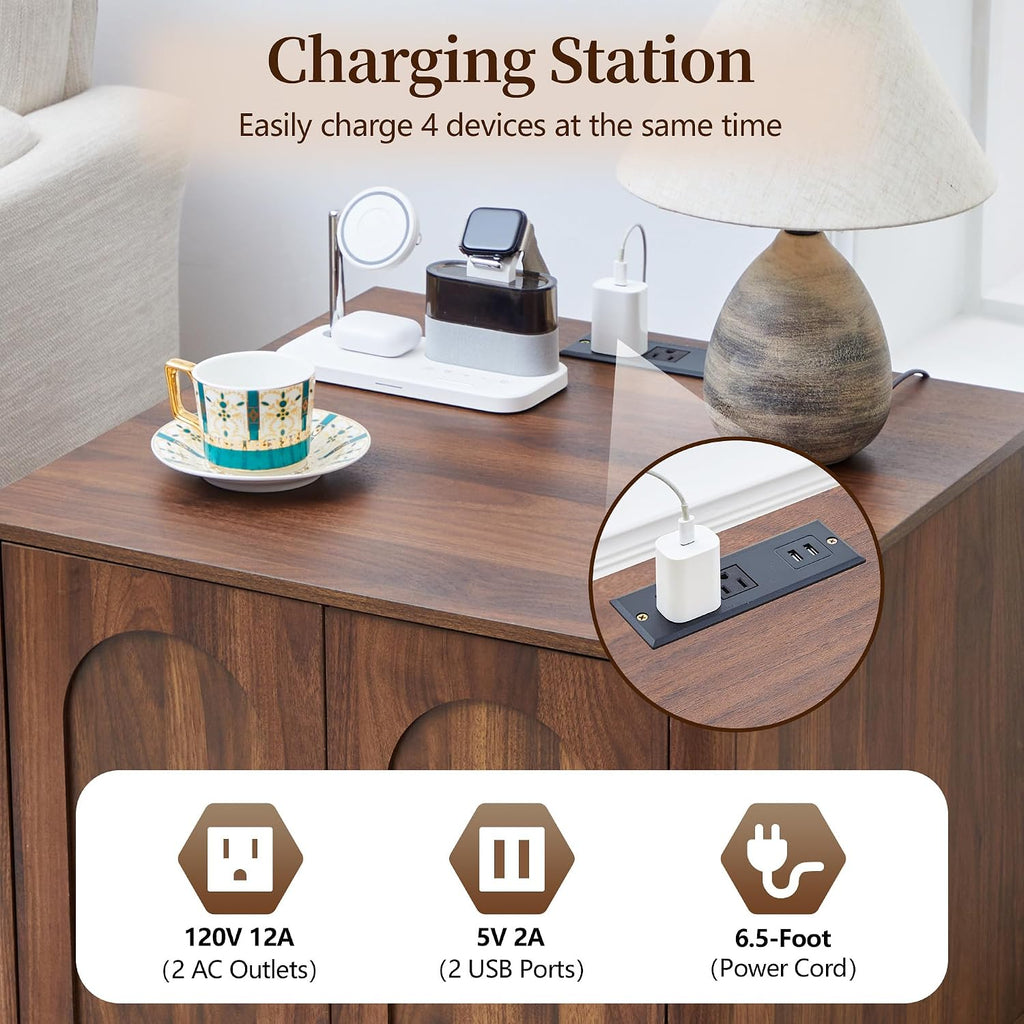 Bed Side Table Set of 2 with Charging Station, Mid Century Modern Nightstand with 2 Doors, Square End Table with Storage for Couch, Living Room, Sofa Side Table for Office, Dorm - Walnut