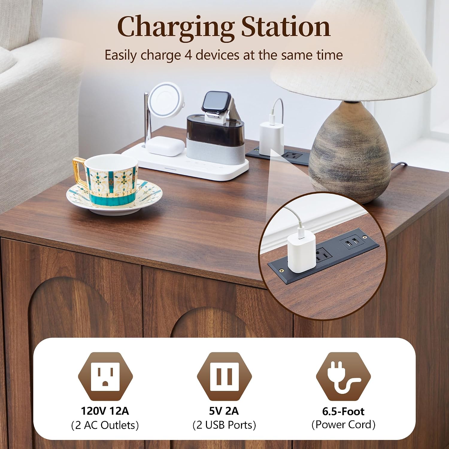 Bed Side Table Set of 2 with Charging Station, Mid Century Modern Nightstand with 2 Doors, Square End Table with Storage for Couch, Living Room, Sofa Side Table for Office, Dorm - Walnut