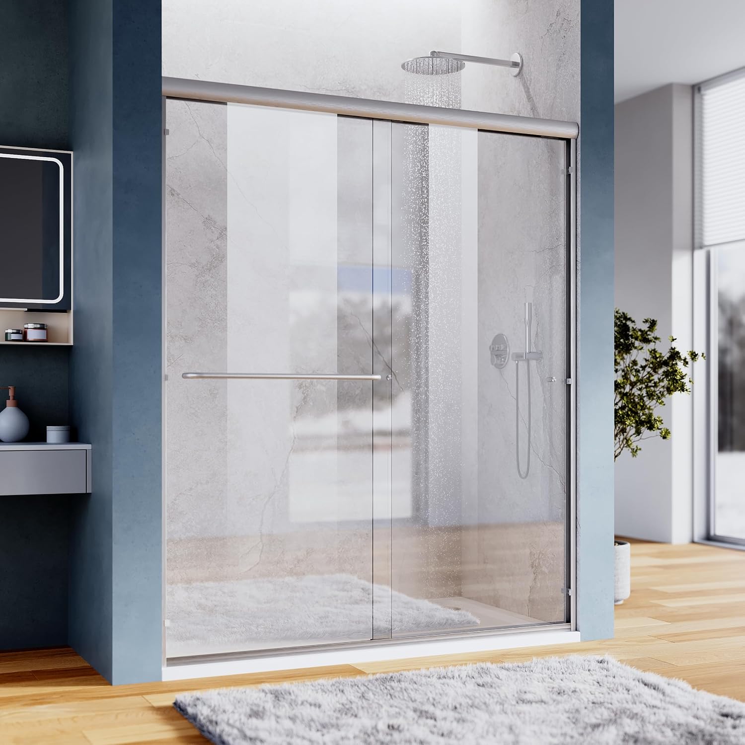 SUNNY SHOWER Bypass Sliding Shower Door Semi-Frameless Shower Enclosure 1/4'(6mm) Glass Sliding Bathroom Door, Brushed Nickel Finish, 48' W x 72' H