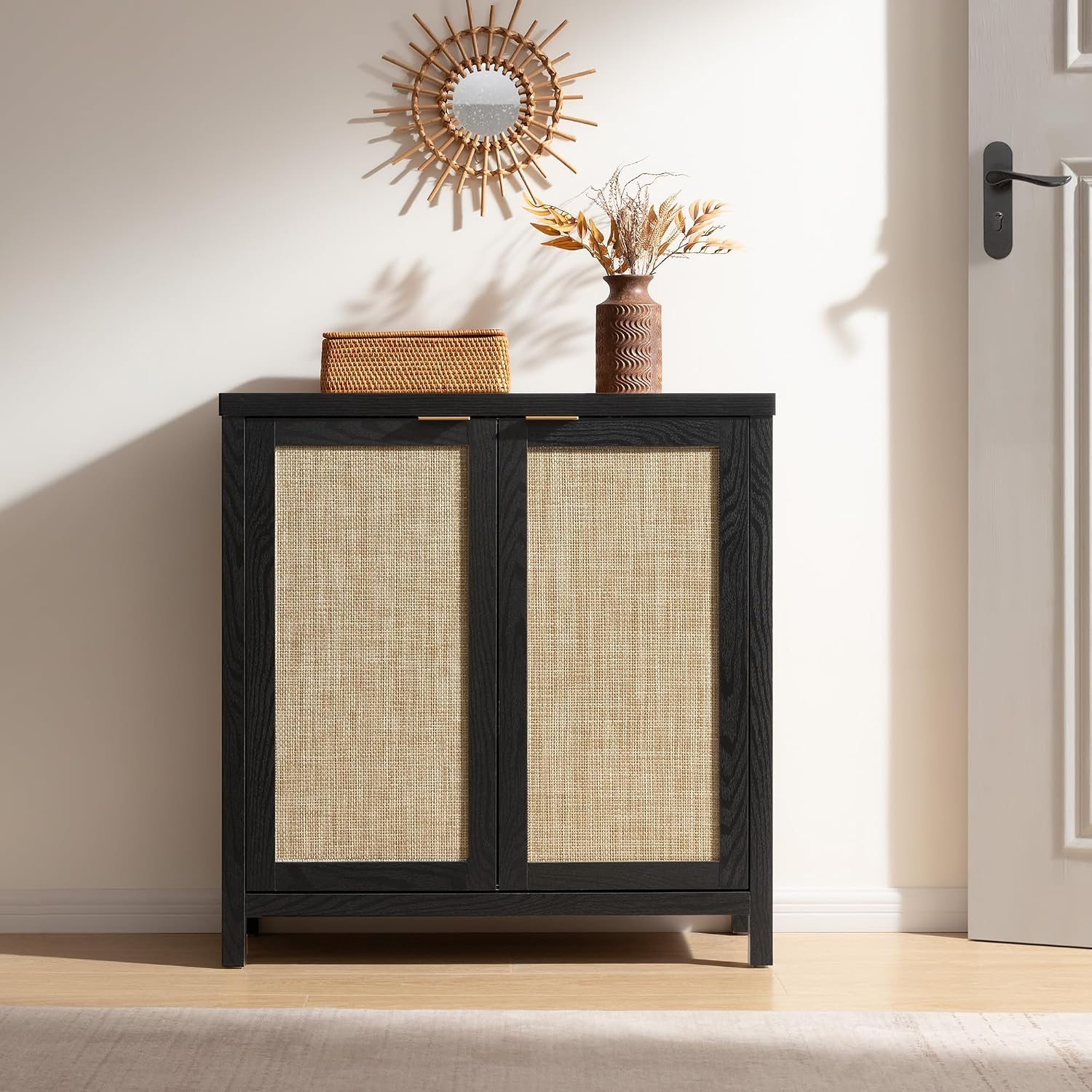 SICOTAS Rattan Sideboard Buffet Storage Cabinet - Boho Credenza Coffee Bar Cabinet with Large Storage, Buffet Console Table for Kitchen Living Room Entryway - Black