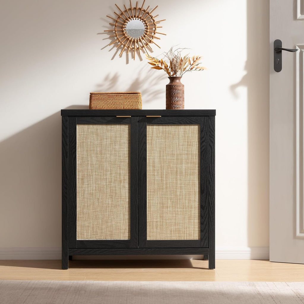 SICOTAS Rattan Sideboard Buffet Storage Cabinet - 3 Pieces Boho Farmhouse Coffee Bar Cabinet Credenza Cabinet with Storage and Rattan Decorated Doors for Home Kitchen, Black