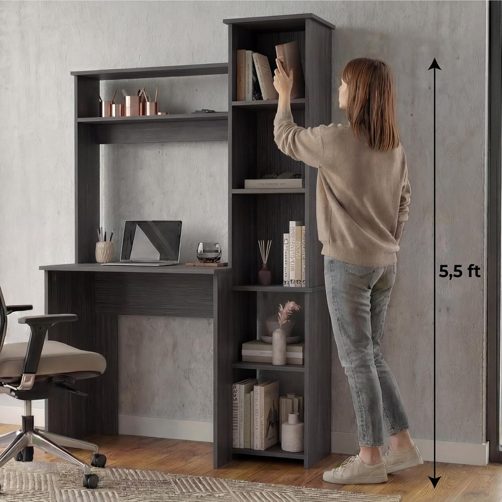 Tuhome Versalles Writing Desk with Two Superior Shelves, Five Side Open Storage Compartments, Space-Saving Modern Workstation Design for Studios and Offices, Ideal for Organization, Books