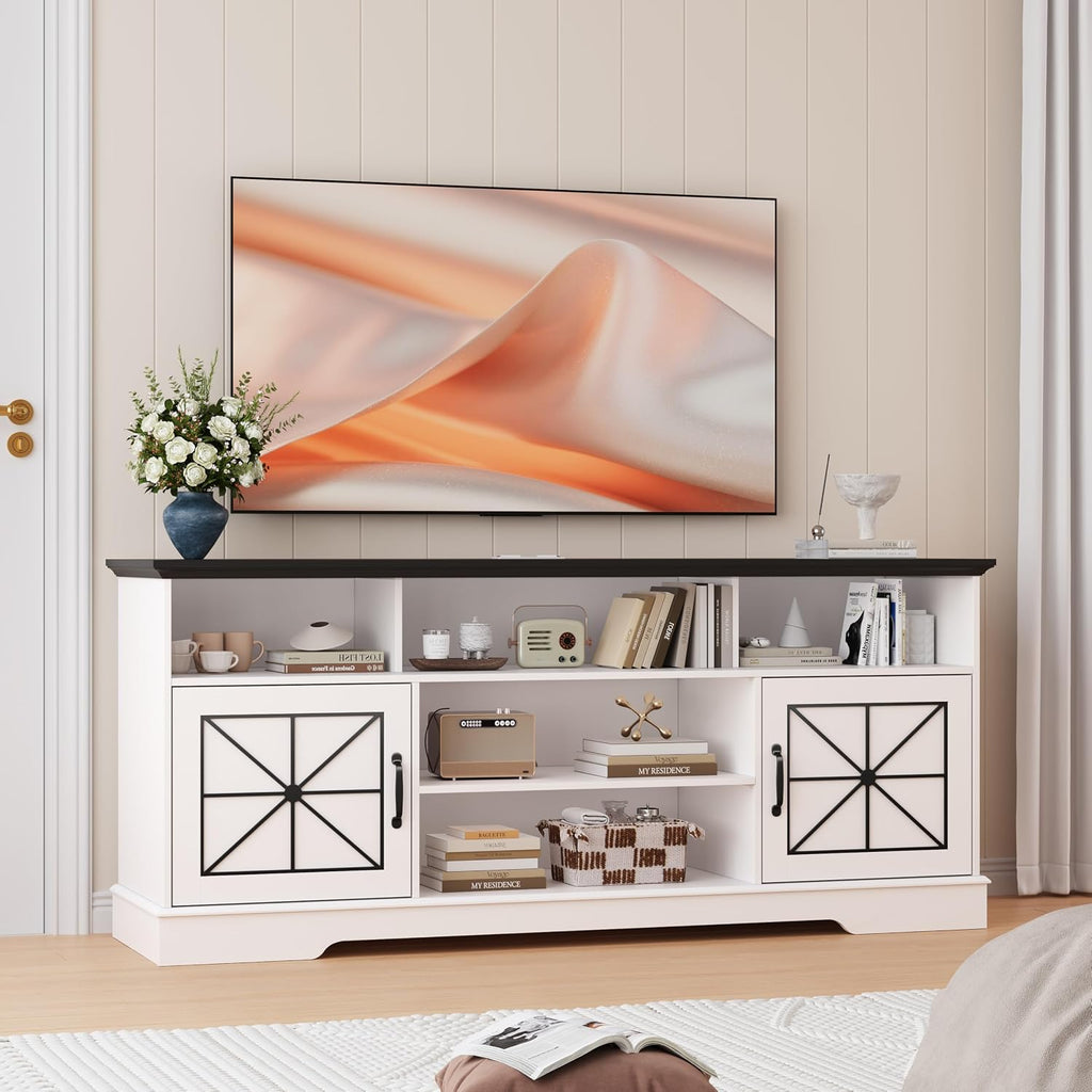 Wodeer White TV Stand for TVs up to 65 Inches, 59'' Farmhouse Entertainment Center with Storage Cabinet, Adjustable Shelf and Power Outlet, LED TV Stands for Living Room, Bedroom