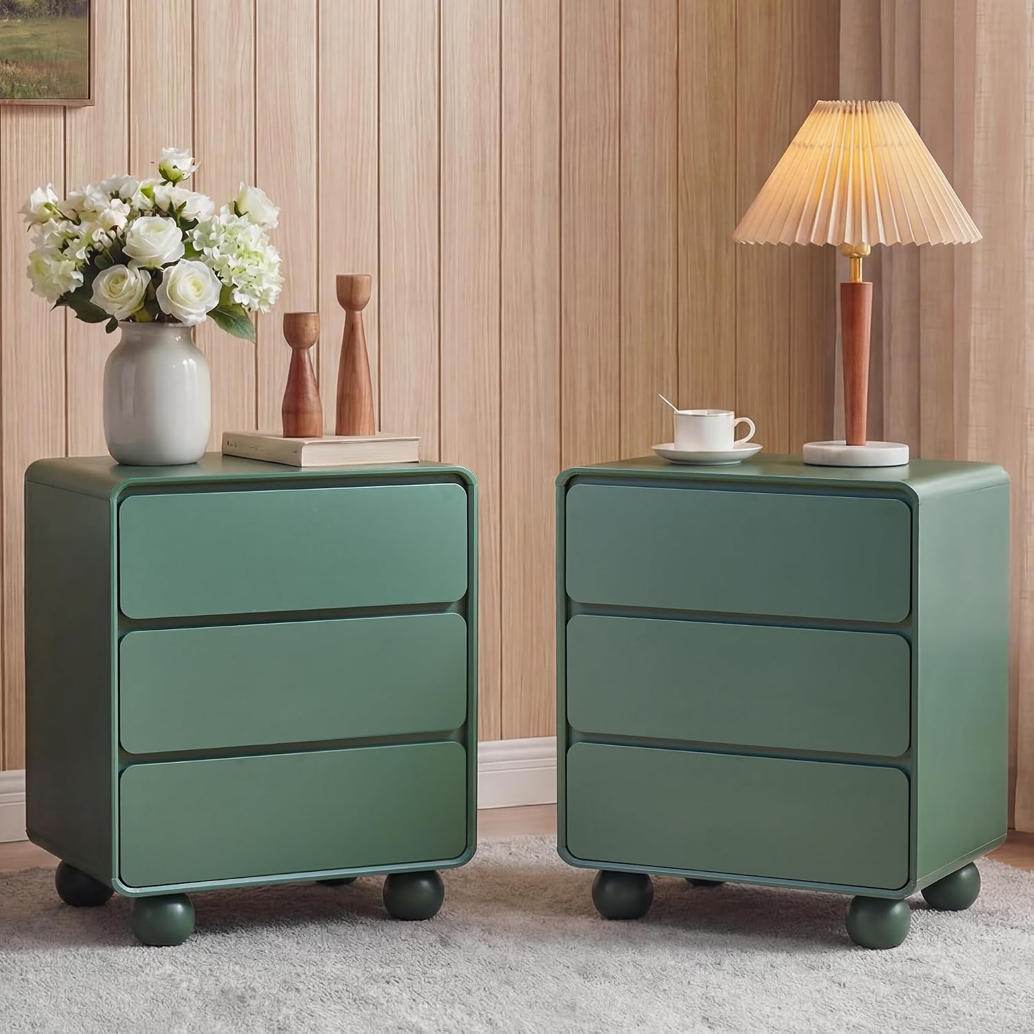 AVZEAR Wooden Night Stand wth 3 Drawer Dresser Mid Century Modern End Table Chest of Drawers, Solid Wood Legs & Curved Profile Design, Farmhouse Side Table for Living Room, Green