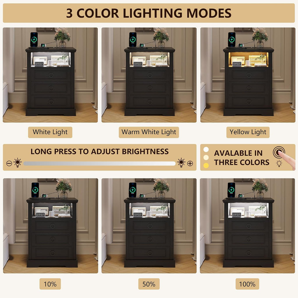 Nightstand Set 2 with Charging Station,Farmhouse End Side Table with 3 Drawers and Open Storage,Smart Bedside Table with LED Light & Human Sensor, Black