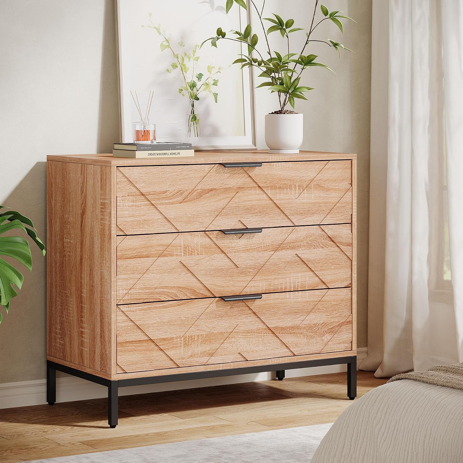 Tribesigns Wooden Nightstand Set of 2 with 3 Drawers, 31' Wide Night Stand with Metal Legs, Modern Large Bedside End Table for Bedroom, Living Room
