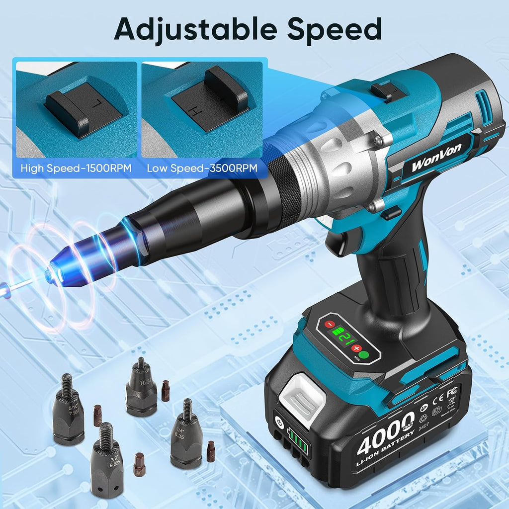 2 in 1 Cordless Electric Rivet/Nut Gun Tool for Nutsert(10/24' & 1/4' & 5/16' & 3/8'),Rivets(1/8'', 5/32'', 3/16'), Portable Battery Powered Pop Rivet/Nut Gun, Auto/Manual Rivet, Two Memory Modes