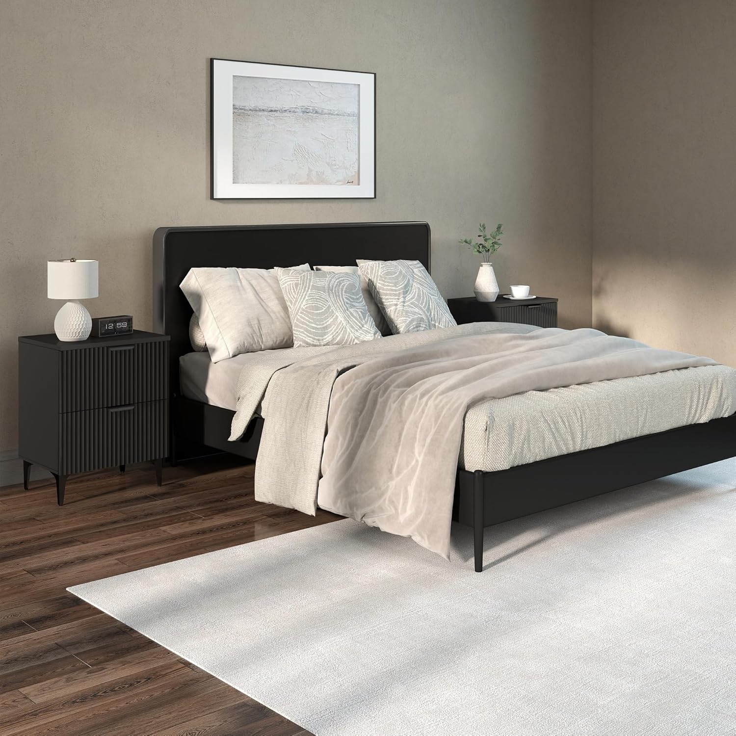 SUNWAVE Black Fluted Nightstand Set of 2, Modern Night Stands with 2 Drawers, Bedside Table for Twin/Full/Queen Bed, End Table with Robot-Friendly Metal Legs for Bedroom, Living Room