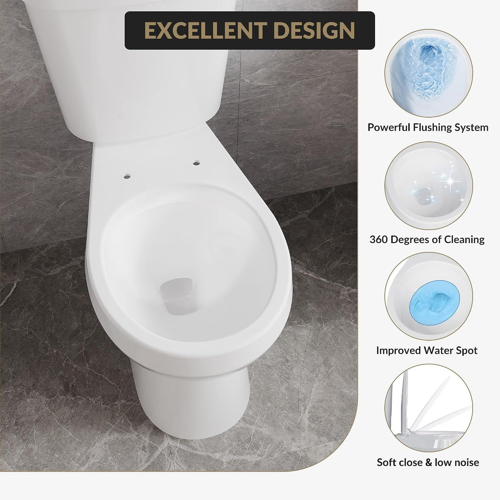 Two-Piece Toilet Chair-Height – Round Bathroom Toilet with Top Dual-Flush Buttons, Comfortable High-Rise Toilet for Seniors, Adults, and Compact Bathrooms