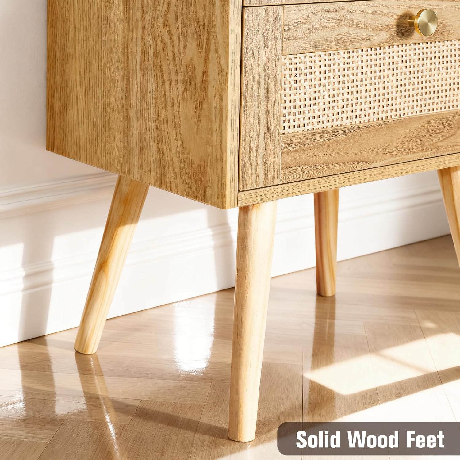 Nightstands Set of 2 with Charging Station, Modern Boho Rattan Bedside Tables with 2 Drawers, Solid Wood Legs, Open Storage End Tables for Bedroom Living Room Dorm – Natural