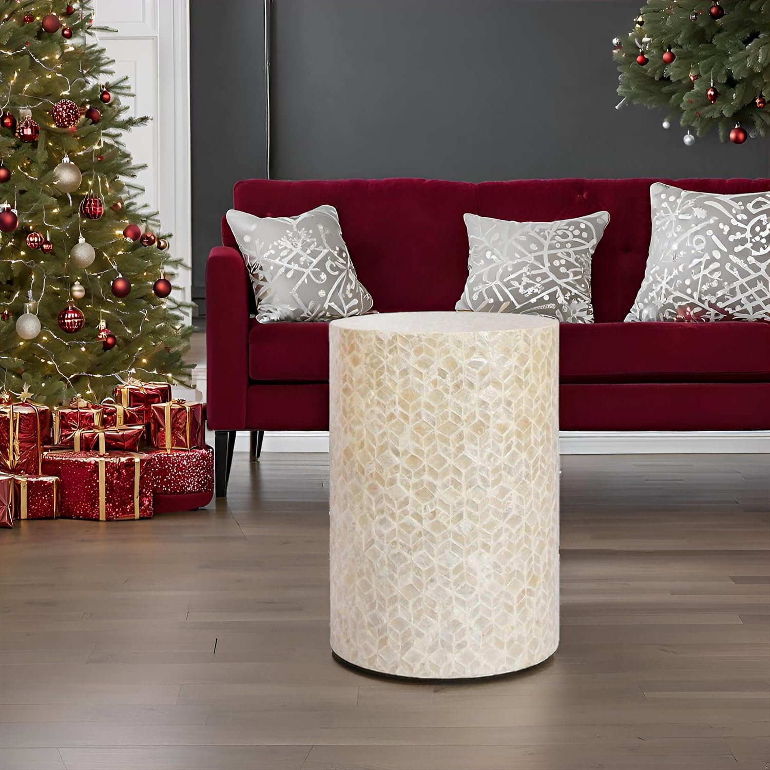 PEMAR Capiz Shell Cylinder Drum End Table Nacre Side Table Stool Round Drum Accent Coffee Bedside Nightstand and Vanity Stool, 13' Diameter x 19.3' High, White Cream