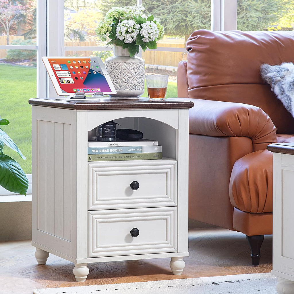 RWYHG 18' Farmhouse Night Stands Set of 2 with Charging Station, Wooden Nightstand with 2 Drawers, Bedside End Table with Storage, Bed Side Tables Cabinet for Bedroom, Living Room, and Closet(White)