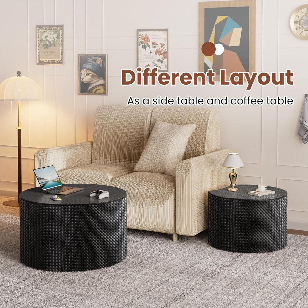 Round Nesting Coffee Table Set of 2 with Storage Modern Wood Coffee Table MDF Frame and Leather Surface Center Table End Side Table for Living Room Bedroom Office, No Assembling (Black)
